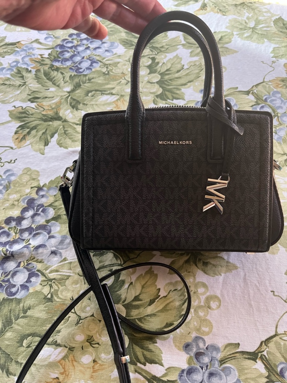 Michael Kors Black Monogram Small Satchel with MK Charm